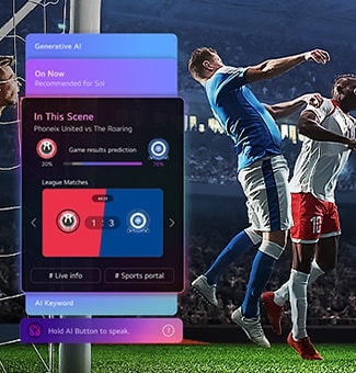 توفر شاشة LG QNED AI QNED70 Mini LED تجربة رياضية ديناميكية على شاشة كبيرة وواضحة، مع لوحات مدفوعة بالذكاء الاصطناعي تعرض التنبؤات ورؤى اللاعب وبيانات الدوري حيث يتم تحليل اللعب في الوقت الفعلي.