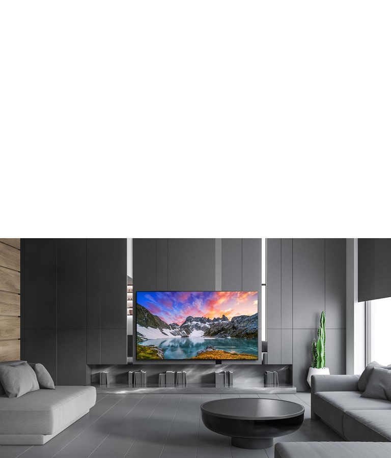 تلفزيون يعرض منظرًا طبيعيًا لمستوى العين في محيط أحد المنازل الفاخرة