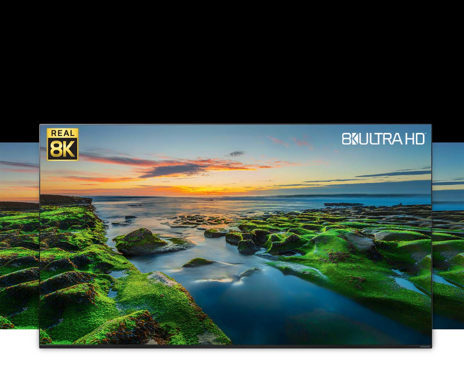 شاشة تلفزيون تتميز بزاوية مشاهدة واسعة تعرض منظرًا طبيعيا مع شعارات دقة 8K الحقيقية وجمعية تكنولوجيا المستهلك