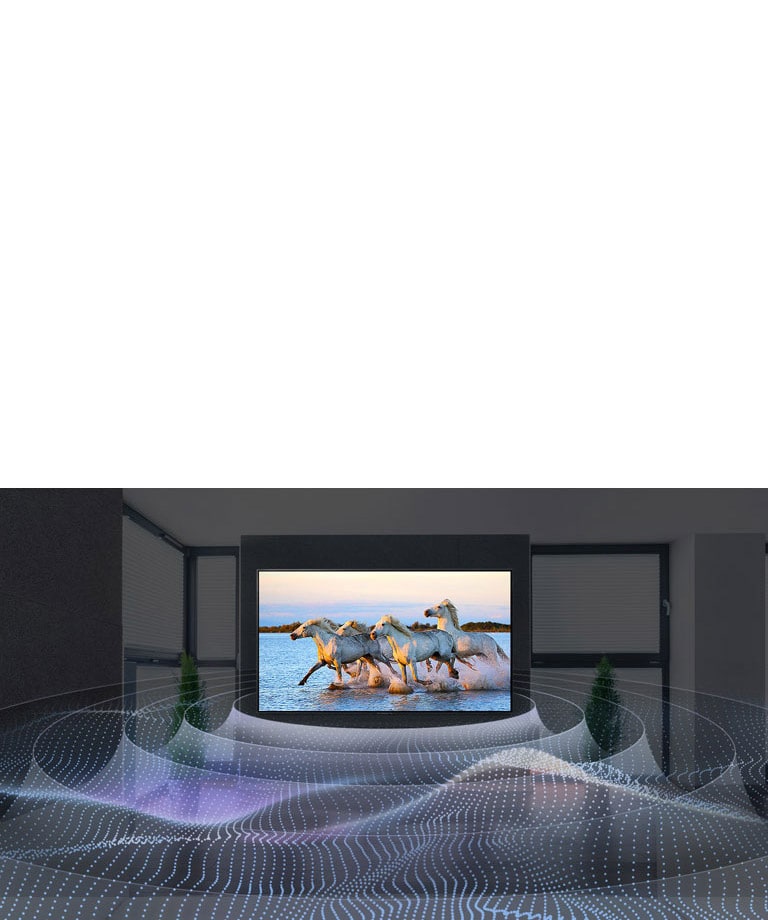 أربعة أحصنة بيضاء تركض في المياه على تلفزيون يعرض رسوميات الصوت المحيطي