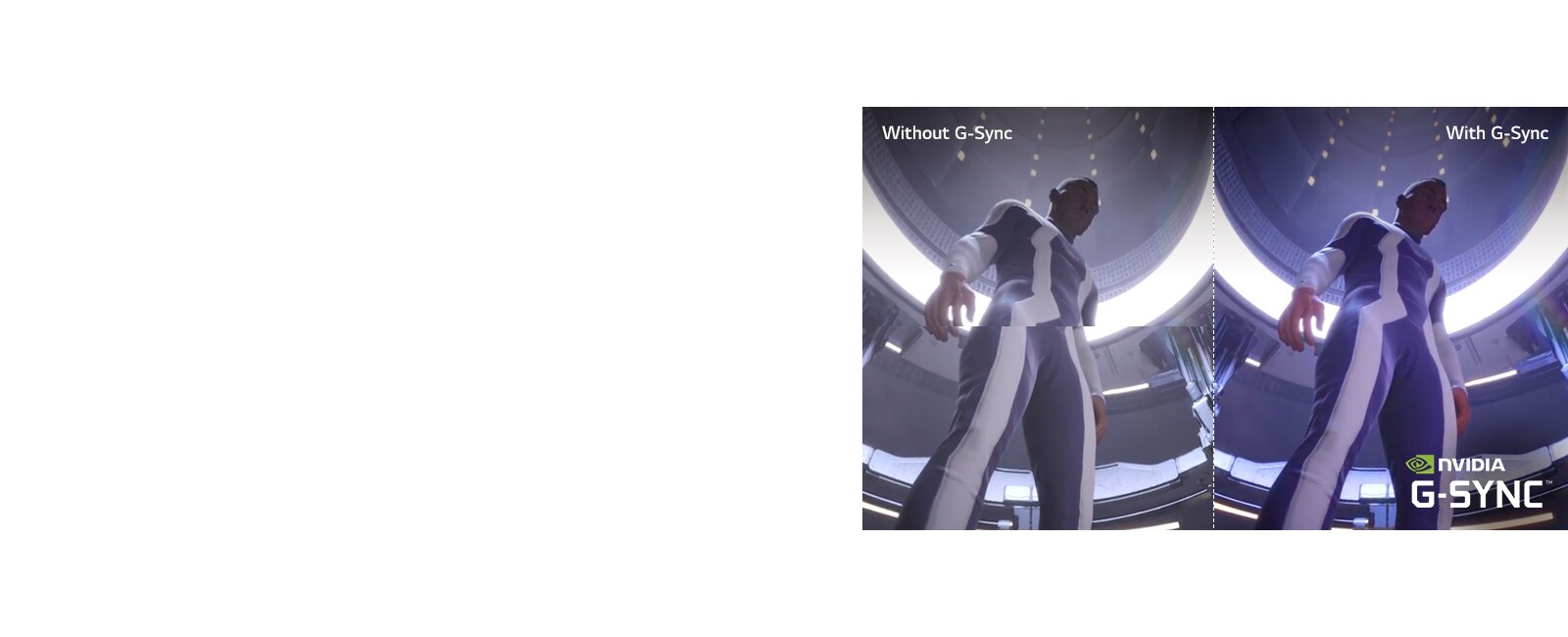 صورة لإحدى شخصيات الألعاب معروضة على تلفزيون بتقنية LCD / LED بها تقطيع والنصف الآخر منها معروض على تلفزيون LG OLED دون تقطيع