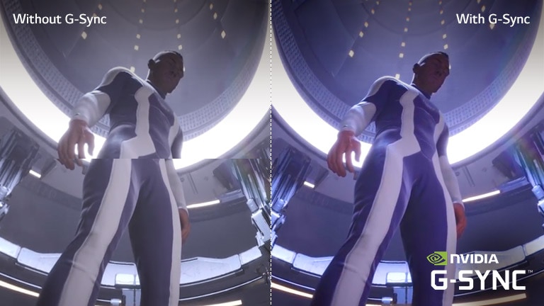 صورة لإحدى شخصيات الألعاب معروضة على تلفزيون بتقنية LCD / LED بها تقطيع والنصف الآخر منها معروض على تلفزيون LG OLED دون تقطيع