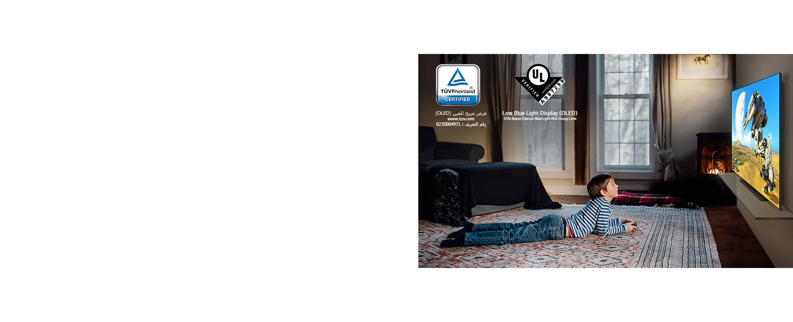 طفل يستلقي على الأرض، ويمسك بعصا التحكم ويمارس لعبة على شاشة التلفزيون