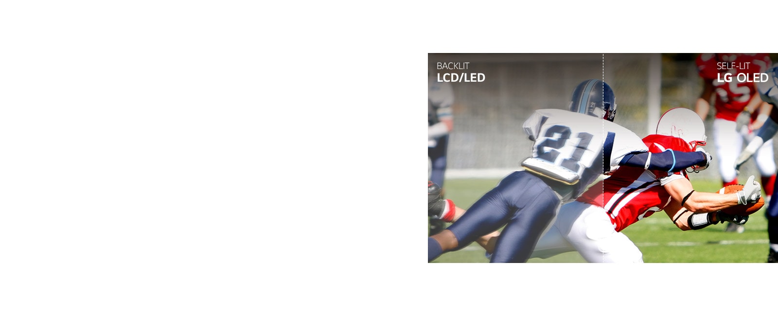 مشهد من مباراة كرة قدم، نصفه معروض على تلفزيون LCD / LED TV يعرض الصورة مشوشة والنصف الآخر معروض على تلفزيون LG OLED TV يعرض صورة تتسم بالوضوح