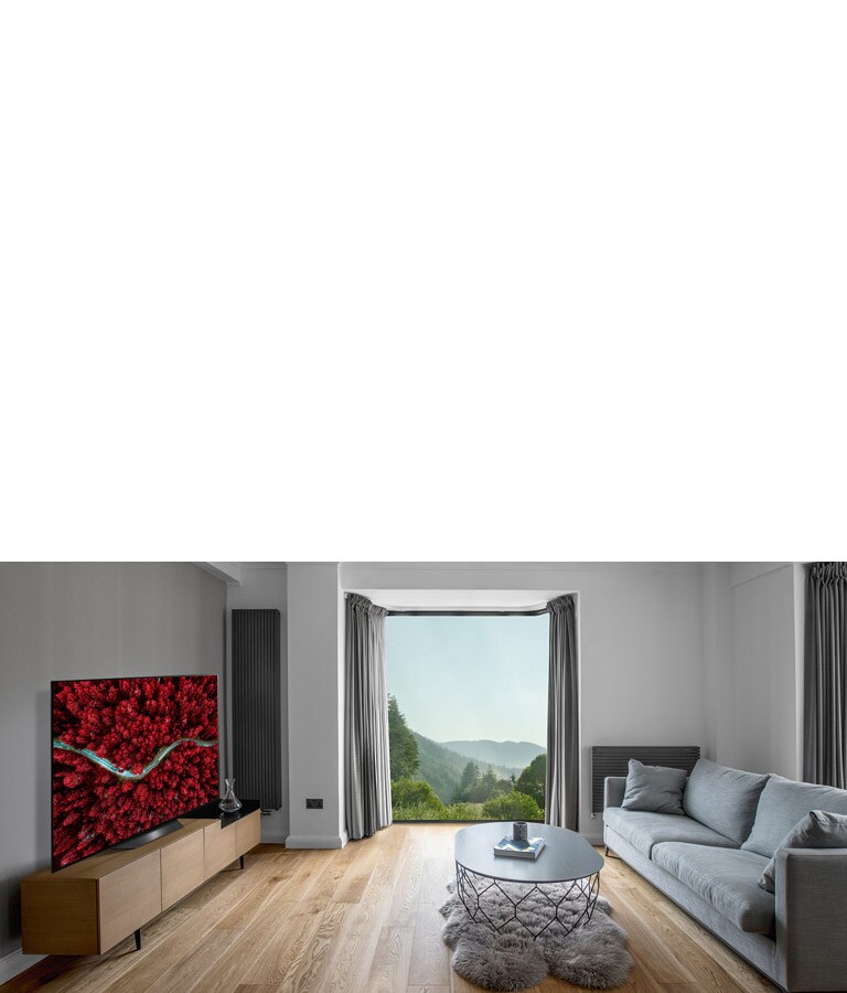 غرفة معيشة بها أريكة وتلفزيون يعرض صورة جودة جوية للطبيعة الخلابة