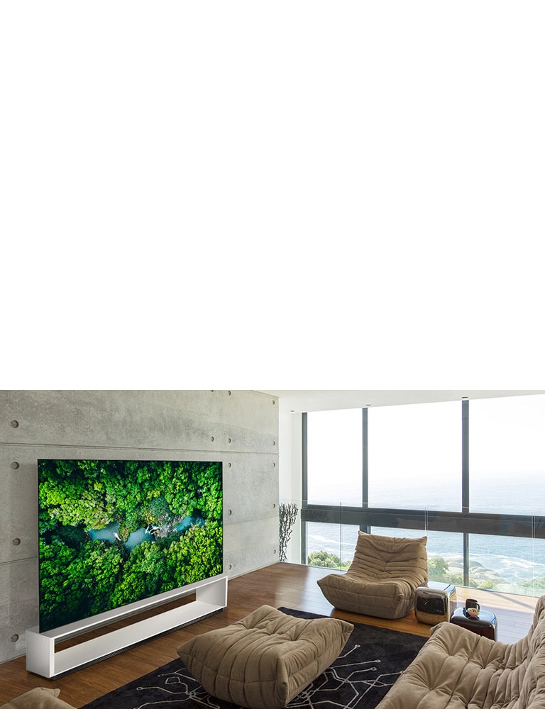 غرفة معيشة بها أريكة وتلفزيون يعرض صورة جودة جوية للطبيعة الخلابة