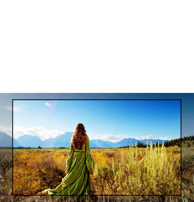 شاشة لتلفزيون يعرض أحد المشاهد من فيلم خيالي تظهر فيه امرأة تقف في الحقول المواجهة للجبال.