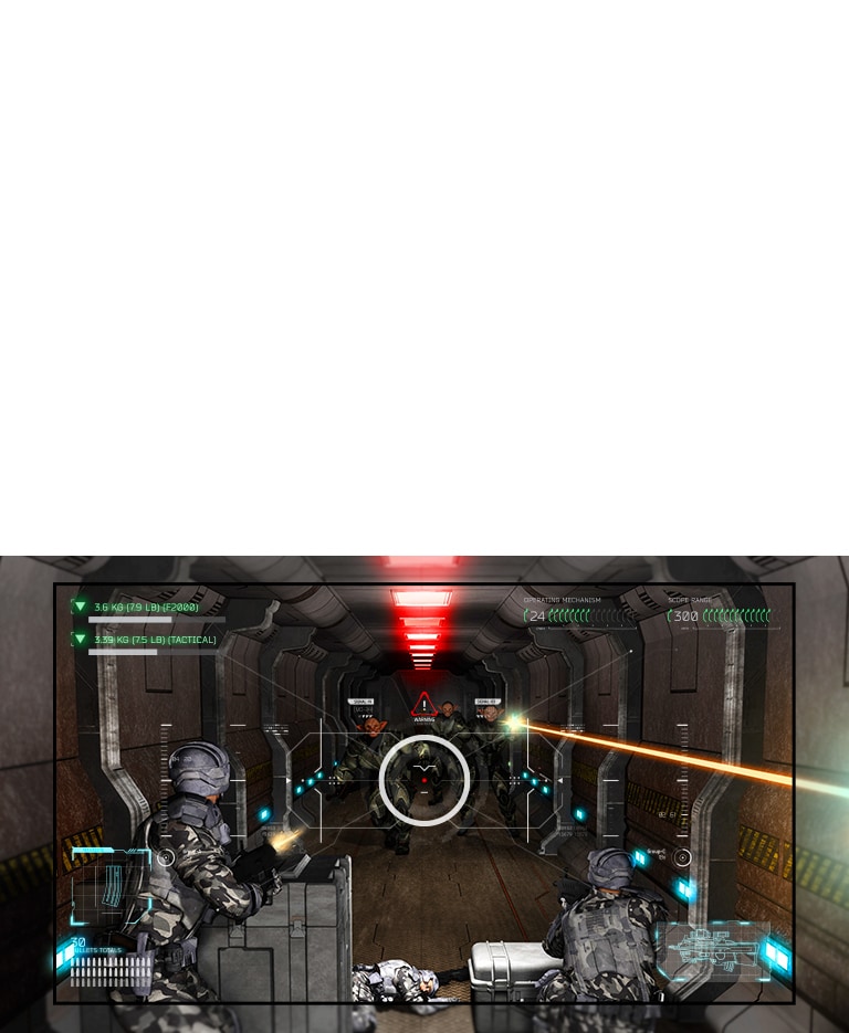 أحد التلفزيونات يعرض مشهدًا من إحدى ألعاب القنص حيث تغلب الغرباء بالبنادق على اللاعب.