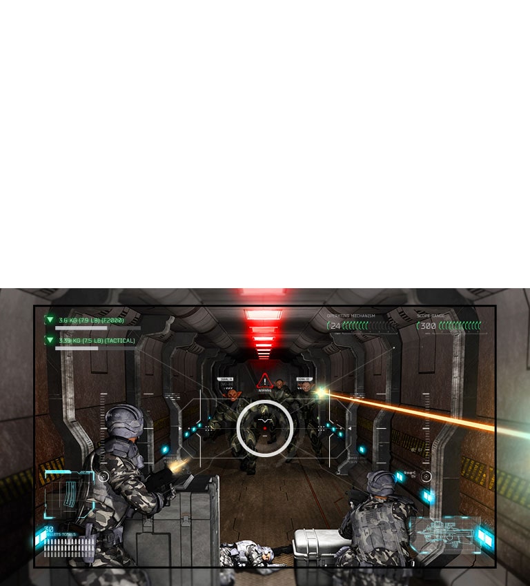 أحد التلفزيونات يعرض مشهدًا من إحدى ألعاب القنص حيث تغلب الغرباء بالبنادق على اللاعب.