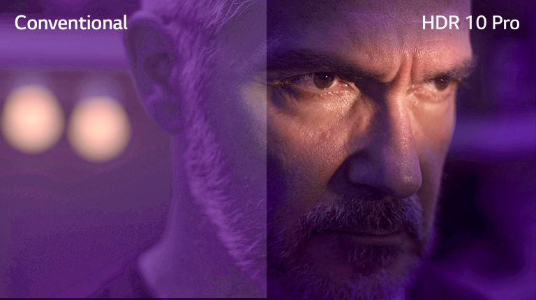 رجل يحدق بالخارج ويبدو مفتونًا. صورة مقسمة إلى جزئين. يبدو النصف الأيسر من الصورة باهتا وأقل سطوعًا، بينما يبدوا النصف الأيمن منها أكثر حيوية ويتضمن مزيداً من الألوان. تظهر عبارة "تقليدي" في الزاوية العلوية اليسرى بينما تظهر بالزاوية العلوية اليمنى عبارة "HDR 10 PRO". 