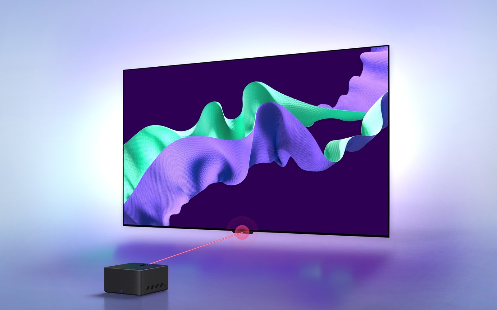 يُظهر تلفزيون LG SIGNATURE OLED M4 عملاً فنيًا تجريديًا باللون الأرجواني والنعناعي على الشاشة، ثم يتحرك التلفزيون إلى الخلف ويدور بزاوية 45 درجة، ليكشف عن صندوق Zero Connect Box أمام التلفزيون على حامل في مساحة مُعتمة. تظهر إشارة Wi-Fi حمراء وينبعث شعاع أحمر باتجاه التلفزيون. 