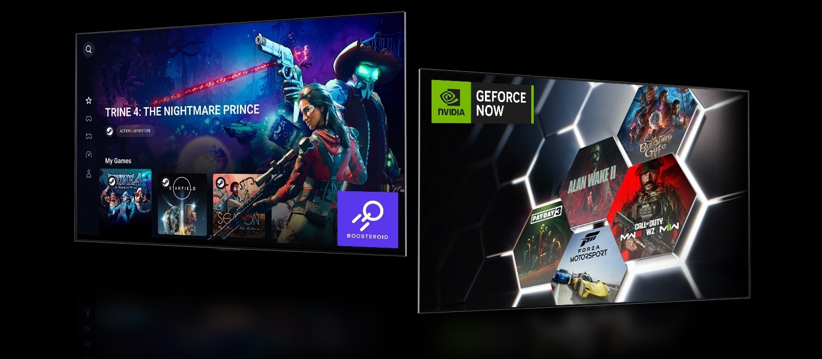 صورة على الشاشة الرئيسية لـ Boosteroid تظهر "Trine 4: "Nightmare Price" على اليسار. تعرض الشاشة الرئيسية لـ GeForce NOW خمس صور مصغرة مختلفة للعبة على اليمين.