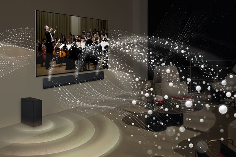 LG OLED TV والسماعات المنفصلة Soundbar مثبتة على الحائط في غرفة المعيشة ورسومات ذات أشكال زاهية في جميع أنحاء الغرفة.