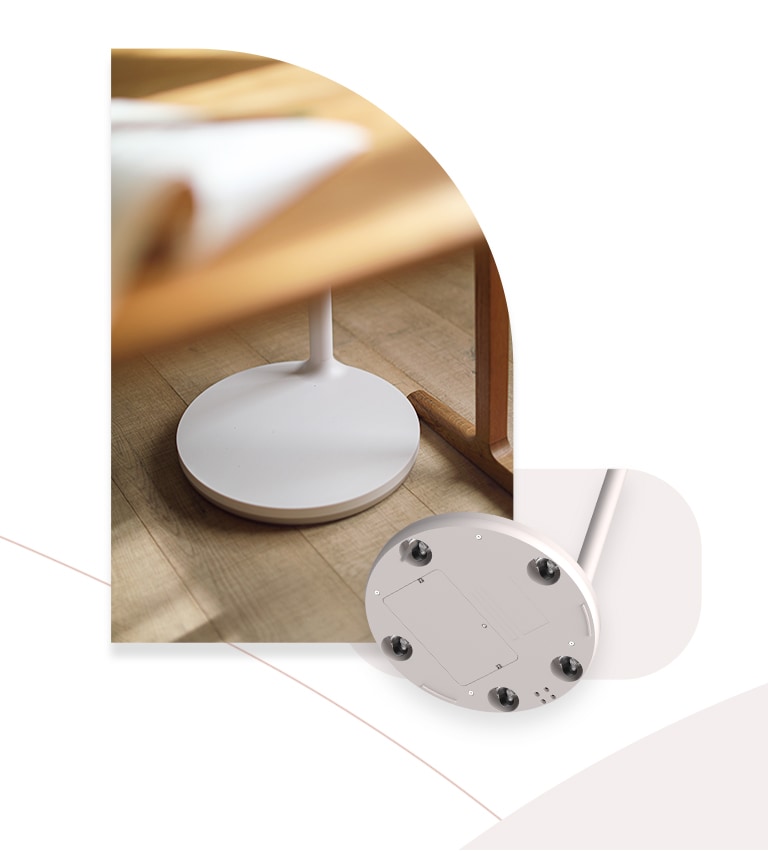 One image on the left shows the very bottom part of a TV stand that is placed under a desk and another image shows the close-up of five wheels on bottom of TV.