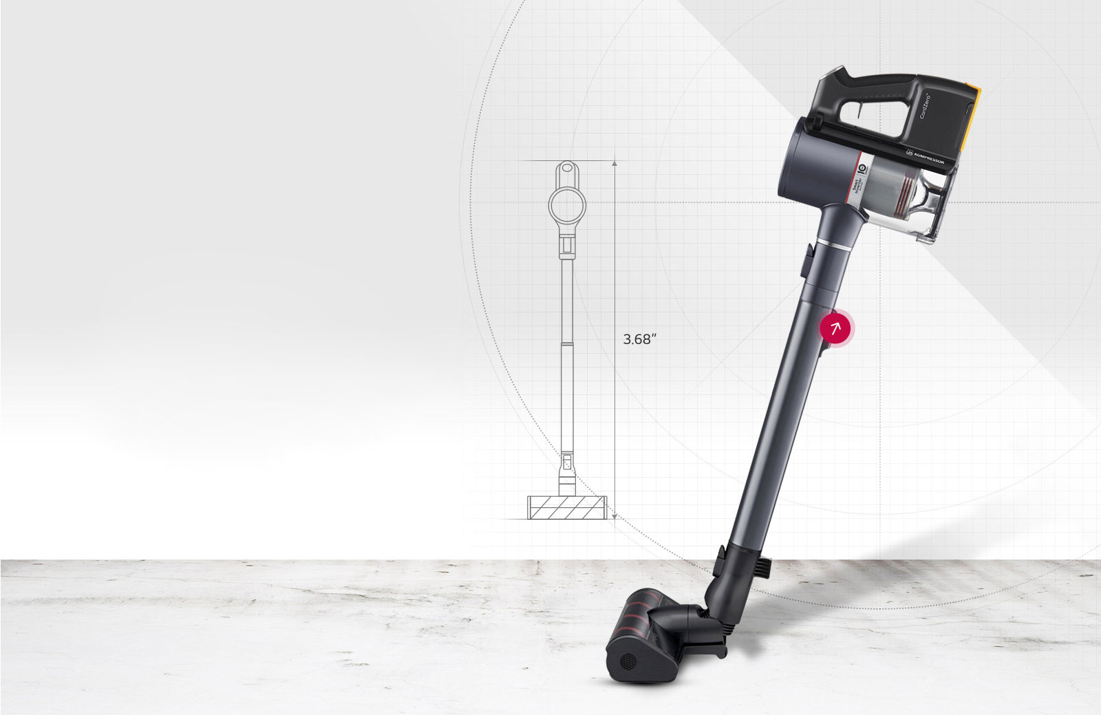 يظهر المنتج في منظر جانبي مع سهم على الأنبوب يشير إلى خيار التمديد على 4 مراحل. يُظهر الرسم الخطي على اليسار امتداد العصا إلى 3.68 قدمًا ثم إلى 2.89 قدمًا وتدويرها.