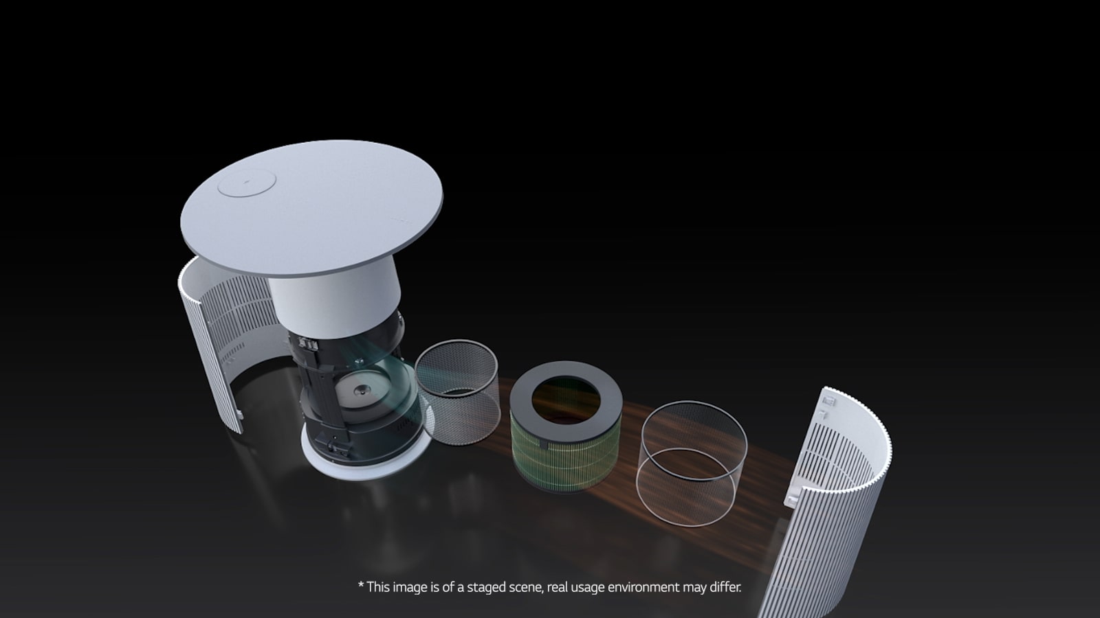 يُظهر أن مرشح المنتج يتم فصله من خلال صور ثلاثية الأبعاد ويتم تنقية الهواء الضار بشكل نظيف. بعد تنقية الهواء، يتم دمج المرشح والمنتج مرة أخرى.