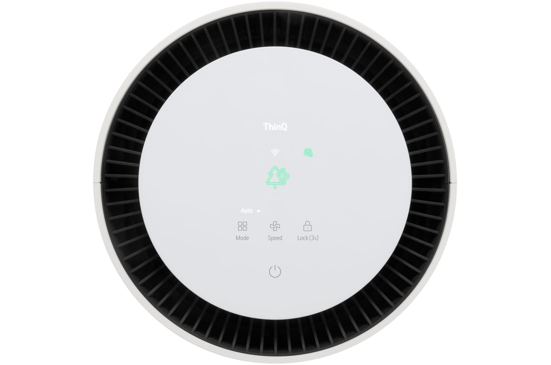 LG جهاز تنقية الهواء PuriCare™ AeroHit لتغطية 32 م2, صورة مقربة للشاشة العلوية لجهاز تنقية الهواء من LG مع ضوء مؤشر جودة الهواء, AS35GGW10, thumbnail 11