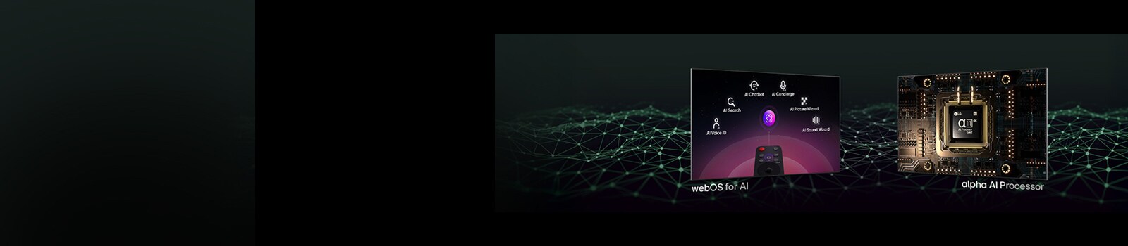 شاشتان مختلفتان تعرضان ميزات متنوعة. تعرض إحدى الشاشات جهاز التحكم عن بُعد LG AI Magic Remote مع النص أدناه الذي يقول webOS للذكاء الاصطناعي. شاشة أخرى تعرض معالج alpha 11 AI Processor Gen2 مضاء بنص أدناه: معالج alpha AI Processor