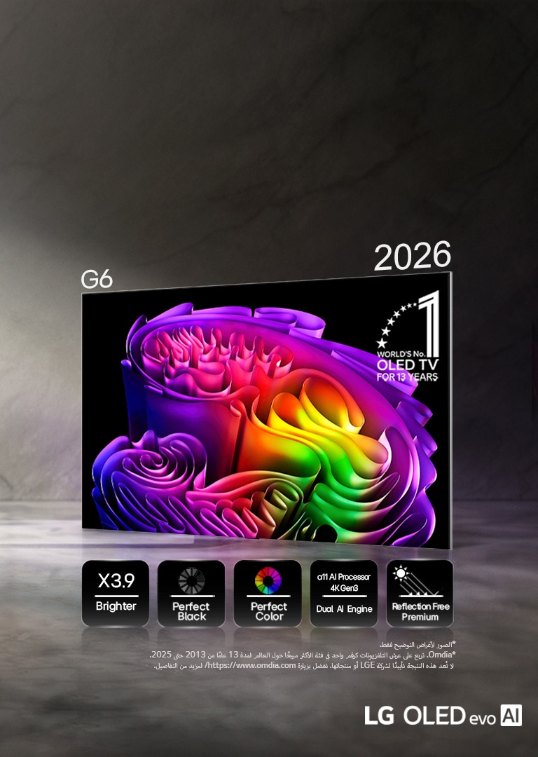 يعرض تلفزيون LG OLED evo AI G6، المدعوم بتقنية Hyper Radiant Color، صورة فنية تجريدية زاهية على الشاشة، مع أيقونات توضح: سطوعًا أقصى أعلى بمقدار 3.9 مرات، اللون الأسود المثالي، اللون المثالي، معالج alpha 11 AI 4K Gen3 ثنائي الذكاء، وتقنية Reflection-Free Premium.