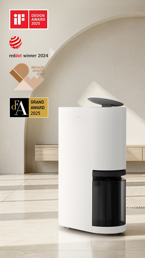 جهاز إزالة الرطوبة LG dehumidifier مع شعارات iF Design Award وRed Dot وDFA Grand Award وجائزة IDEA Award