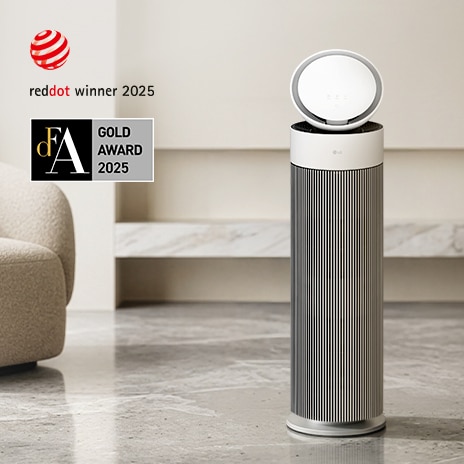 LG AeroBooster مع شعارات Red Dot وDFA Gold Award