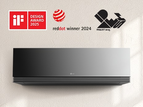 LG ARTCOOL مع شعارات iF Design Award وRed Dot وIDEA Award