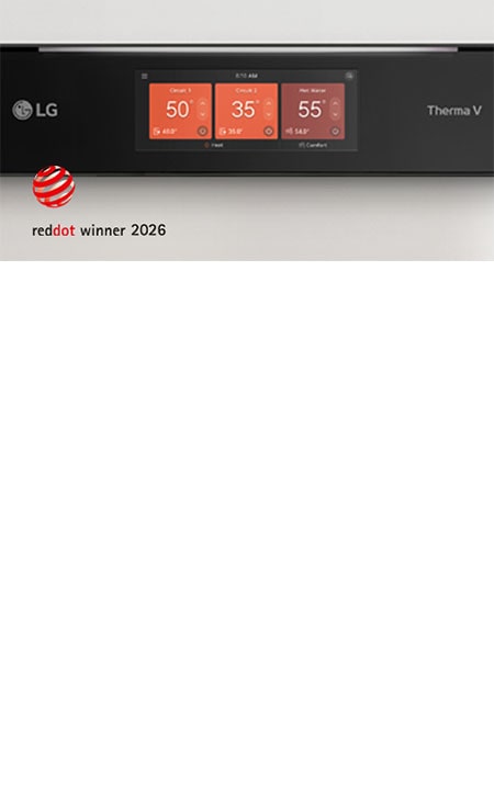 واجهة المستخدم لمنصة LG Therma V مع شعار جائزة Red Dot Award لعام 2026