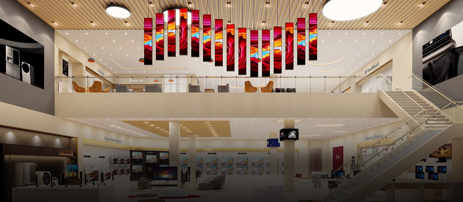 عرض شرائح يوضح متجر مفتوح من طابقين، وصالة عرض الأجهزة إل جي، وشخصان يبتسمان أثناء النظر إلى أحد منتجات إل جي، وموظف براند شوب يساعد أحد العملاء، وصورة لموظف مبتسم في متجر براند شوب.