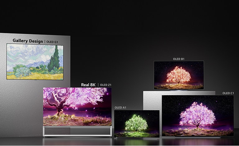 تلفزيون OLED G1 بتصميم المعرض، Real 8K OLED Z1، OLED A1, OLED B1, وتلفزيون OLED C1 أمام خلفية سواء.
