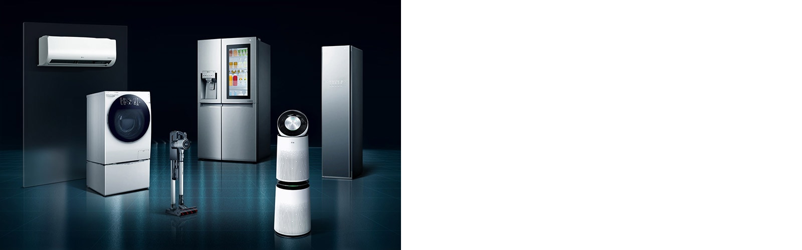 جهاز تنقية الهواء وثلاجة ومصفف شعر وغسالة ومكنسة كهربائية أمام خلفية سوداء.