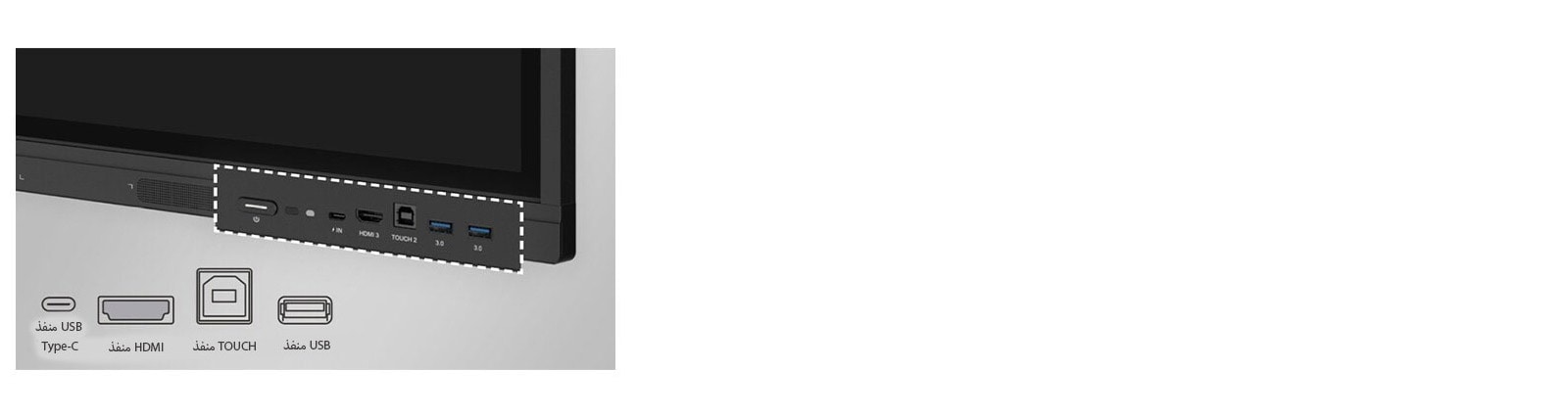 شاشة LG CreateBoard التفاعلية مزودة بمنافذ أمامية، مثل منفذ USB ومنفذ HDMI.