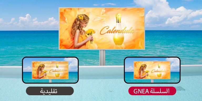 توجد شاشة LED وتجري مشاهدة الشاشة بكاميرا الهاتف المحمول. برغم عرض الإعلان نفسه، تظهر الشاشة التقليدية أشرطة سوداء، لكن شاشة السلسلة GNEA تعرض المحتوى الأصلي للشاشة بوضوح.