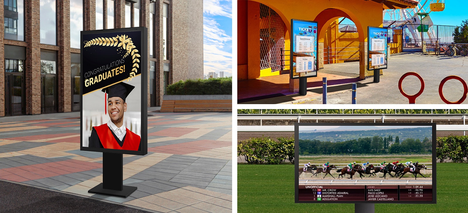 "تم تركيب جهاز XE4P في المنطقة الخارجية بجوار مبنى المدرسة، حيث يعرض بوضوح صور احتفال التخرج. تم تركيب جهازي XE4P أمام شباك التذاكر في أحد المتنزهات الترفيهية، حيث يعرضان معلومات شراء التذاكر بوضوح حتى في ضوء الشمس الساطع. شاشة عرض XE4P مثبتة في مضمار السباق تعرض بوضوح السباق والمعلومات ذات الصلة."