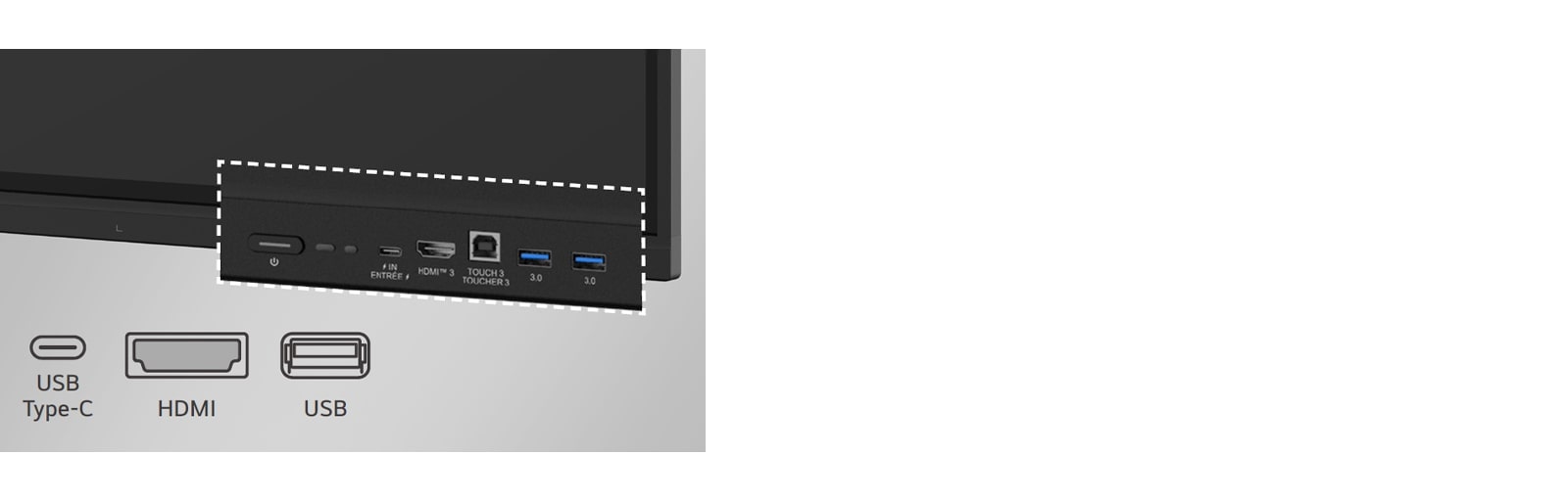 تحتوي لوحة LG الرقمية التفاعلية على منافذ في المقدمة مثل USB وHDMI.