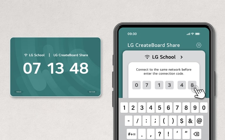 يمكن للمستخدمين الوصول إلى LG CreateBoard Share، وهو حل لاسلكي لمشاركة الشاشة، بمجرد إدخال رمز مكون من 6 أرقام.