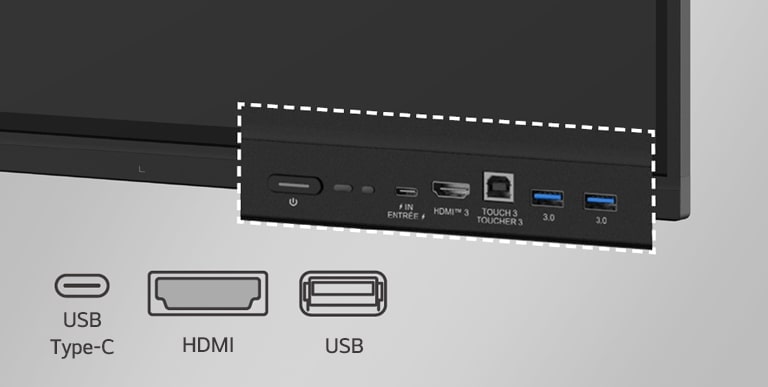تحتوي لوحة LG الرقمية التفاعلية على منافذ في المقدمة مثل USB وHDMI.