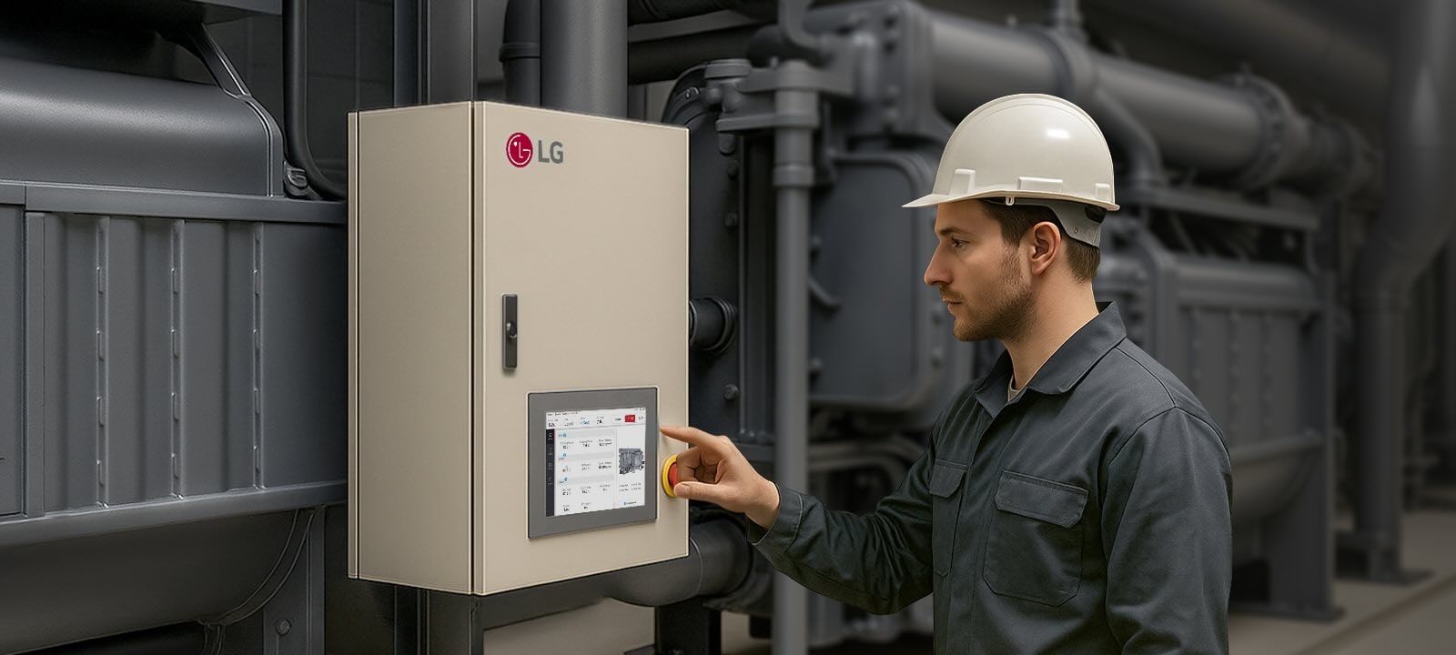 ينظر فني التثبيت ويحاول لمس واجهة وحدة تحكم المبرد من LG.