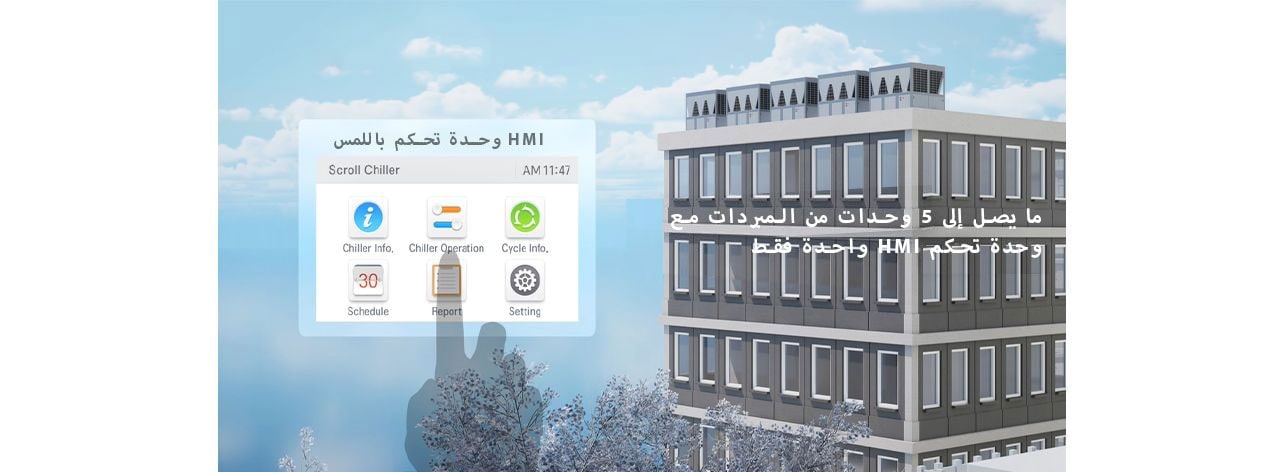 واجهة تحكم تعمل باللمس HMI لمبرد LG Scroll Chiller، تعرض تحكمًا سهلاً وذكيًا لما يصل إلى 5 وحدات من المبردات مع وحدة تحكم HMI واحدة فقط على سطح المبنى.