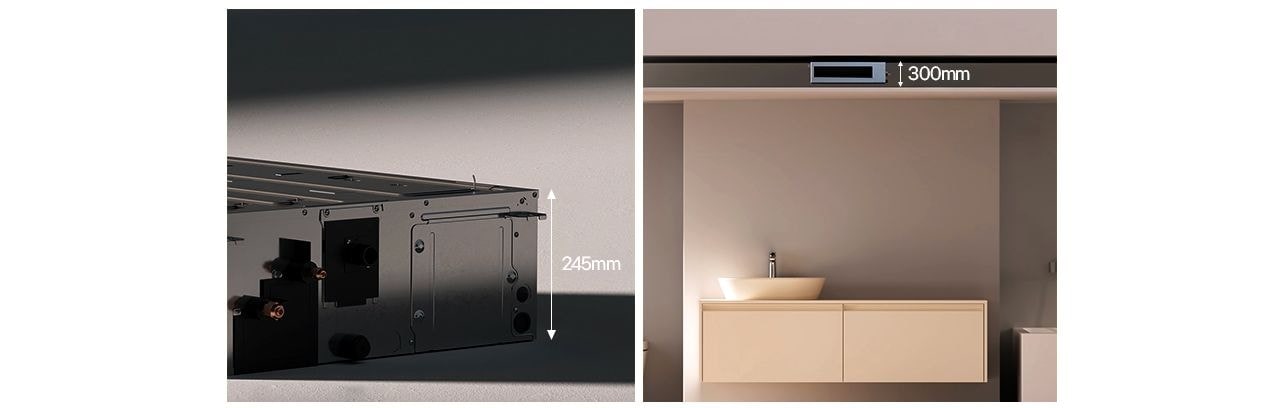 Left metal connector panel (245mm) and right modern bathroom with ceiling vent (300mm).