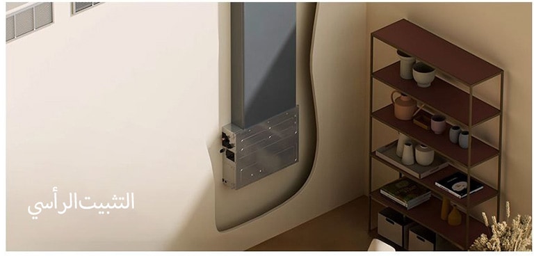 Vertical duct installation next to shelving and horizontal ceiling duct across multiple walls.