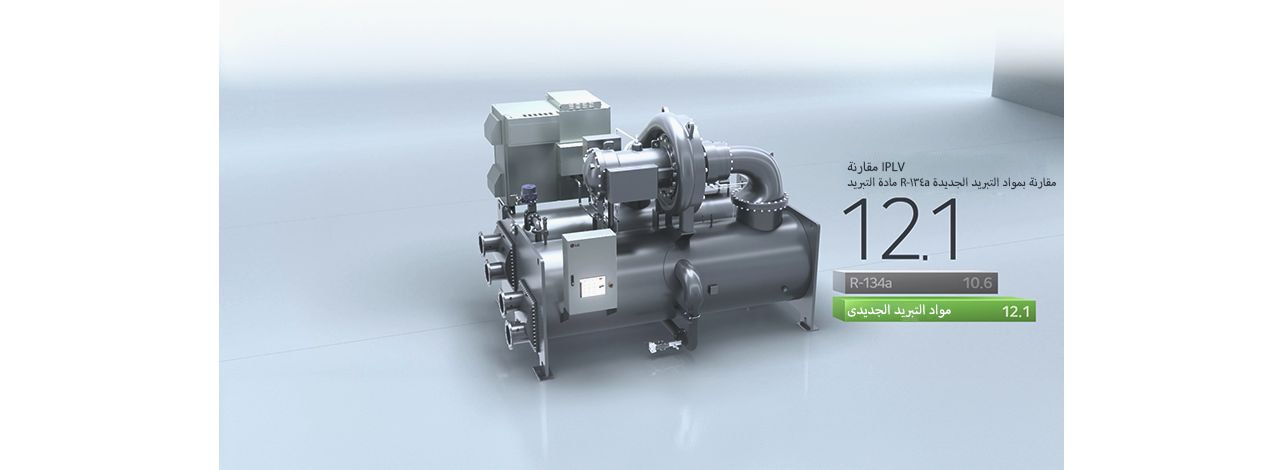 مبرد مع مقارنة توضح مادة التبريد الجديدة IPLV عند 12.1 وR-134a عند 10.6.
