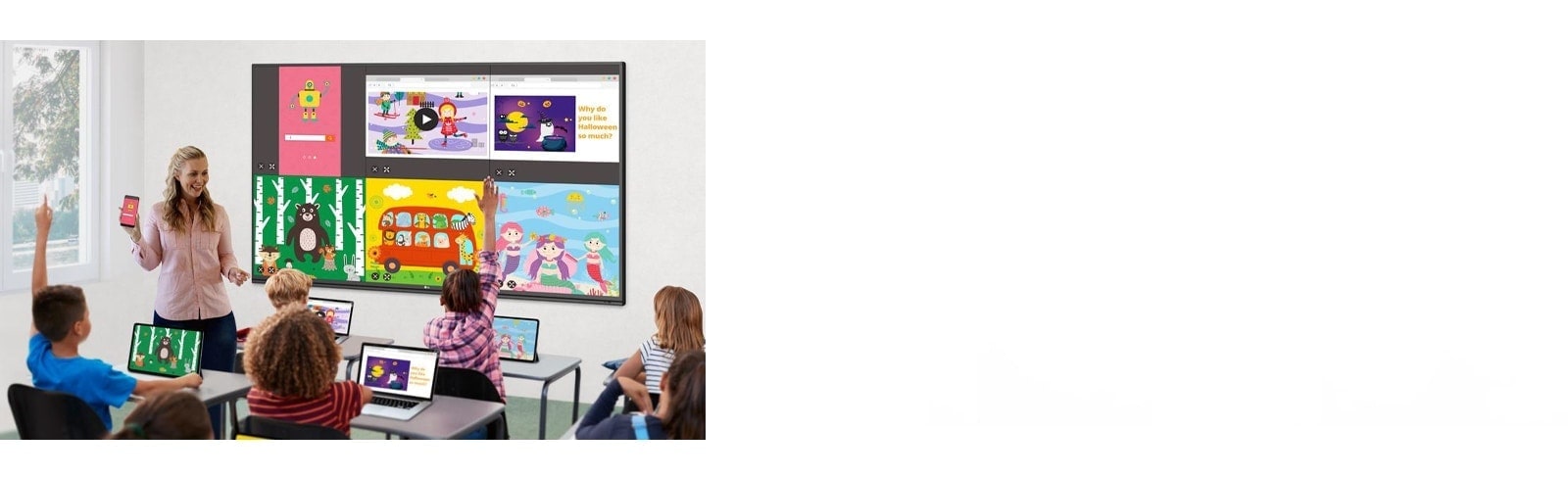 تُعرض شاشات أجهزة الكمبيوتر المحمول للطلاب وهاتف المعلم المحمول على شاشة العرض التفاعلية.