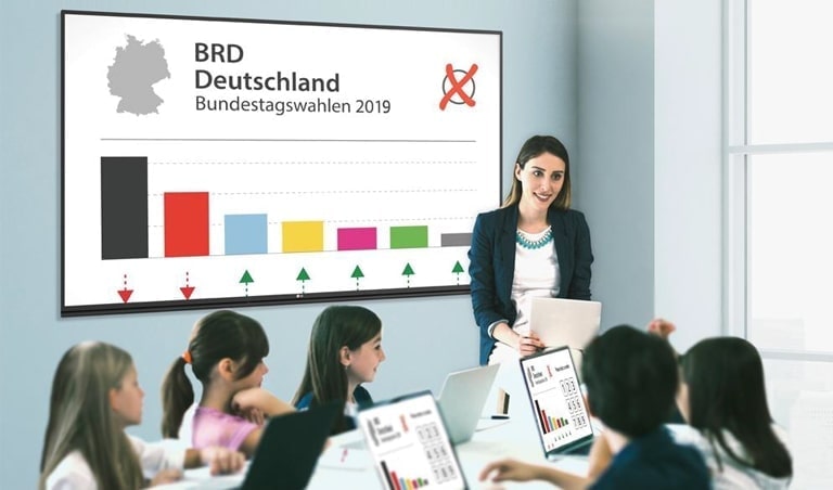 تدير إحدى المعلمات جلسة تعليمية، والمحتوى المعروض على الشاشة التفاعلية يظهر على جهاز الكمبيوتر المحمول لكل طالب.