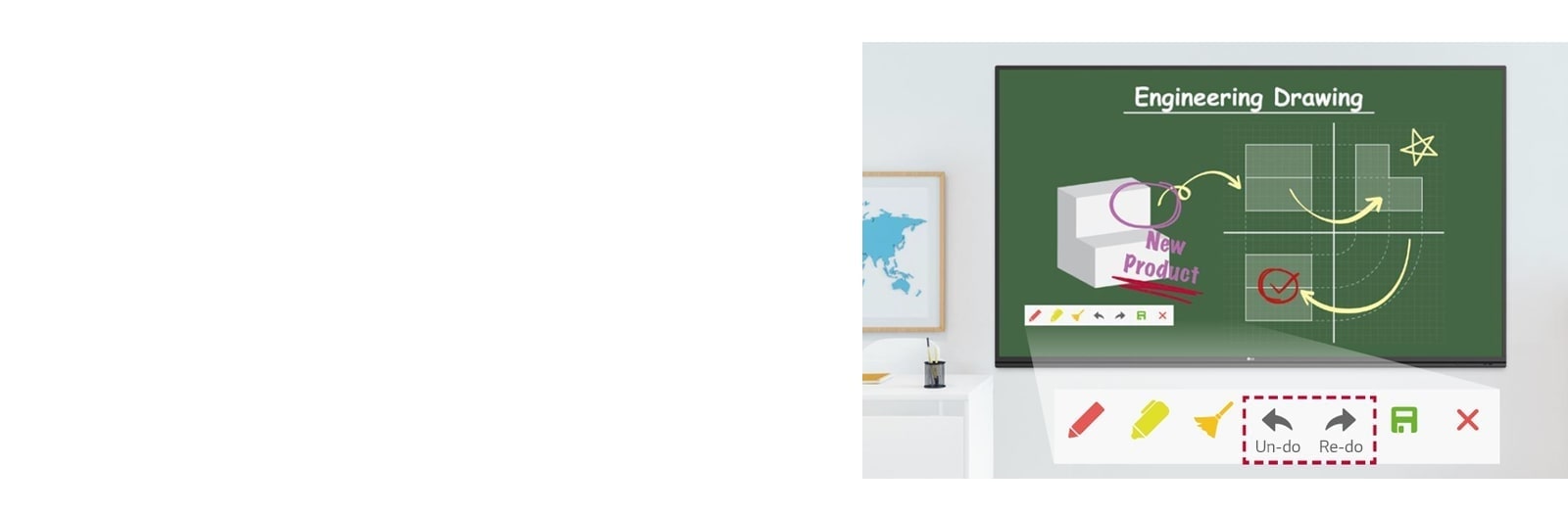 جلسة تعليمية للرسم الهندسي مع أداة تدوين الملاحظات على شاشة TR3PJ التفاعلية باستخدام وظيفتي "التراجع" و"الإعادة".