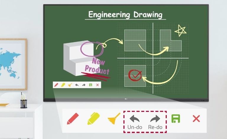 جلسة تعليمية للرسم الهندسي مع أداة تدوين الملاحظات على شاشة TR3PJ التفاعلية باستخدام وظيفتي "التراجع" و"الإعادة".