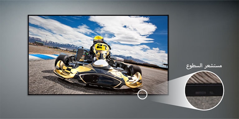 يتم تركيب UL3Q على الحائط، مع صورة مقربة لمستشعر السطوع الموجود في الجزء الأمامي السفلي من الشاشة.