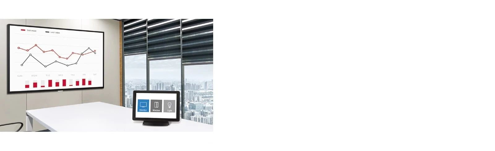 هذه غرفة اجتماعات بها لافتة وأحد أنظمة التحكم في الصوت والصورة والتي تساعد المستخدمين على التحكم في سلسلة UM3DG-H.