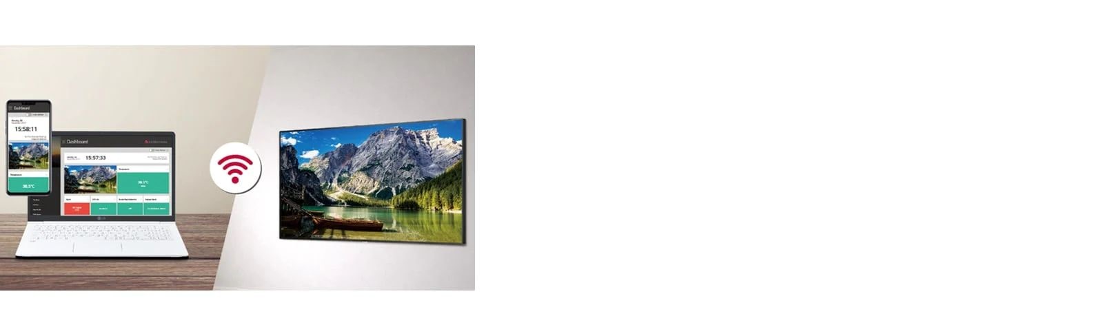 توضح هذه الصورة أن المحتوى الذي تم تعيينه على Control Manager والمحتوى المعروض على اللافتة متماثلان. وتشير إلى أنه يمكن التحكم في سلسلة UM3DG-H ومراقبتها عن بُعد في مكان مختلف باستخدام أجهزة مثل، الهاتف المحمول والكمبيوتر المحمول عن طريق Control Manager.