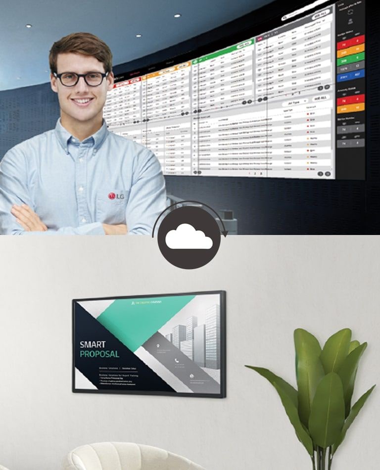 موظف إل جي يراقب إحدى شاشات سلسلة SM5J المثبتة في مكان مختلف.