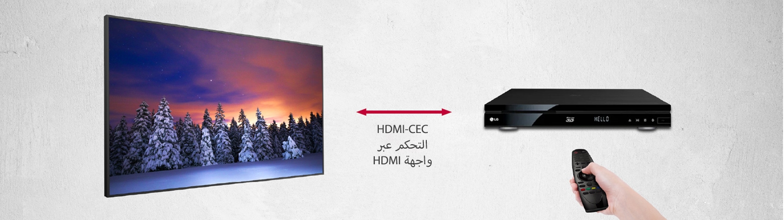 تتميز شاشات UM5J بوظيفة HDMI-CEC، التي يمكن من خلالها تشغيل الأجهزة الأخرى المتصلة بالتلفزيون بكل سهولة باستخدام وحدة إل جي للتحكم عن بعد عند توصيل HDMI.